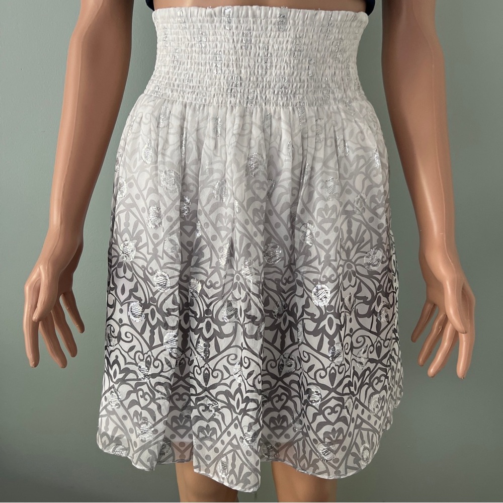 White House Black Market Silk Skirt M Silver Metallic Lined Flared Smocked